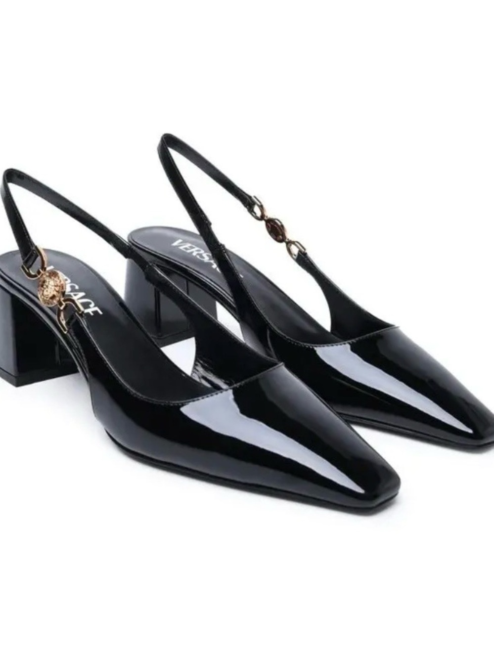 Versace Black Patent Leather Pointed Slingback Pumps 💯 authentic Gold  Medusa